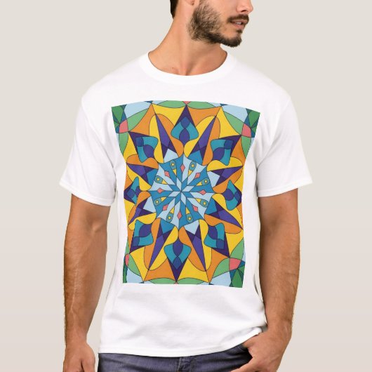 Blau-gelbes fraktales geometrisches Muster T-Shirt (Vorderseite)