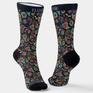 Blau-gelbes Paisley-Muster in Schwarz und Rosa Socken