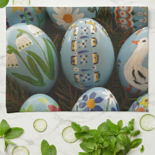 Blau gemalte Ostereier Geschirrtuch (Gefaltet)