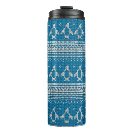 Blau gestrickter Hintergrund Thermosbecher (Vorderseite)