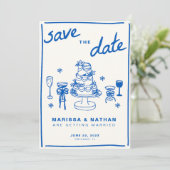 Blau Gezeichnet zusammen Hochzeit mit Foto Save The Date (Stehend Vorderseite)