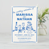 Blau Gezeichnet zusammen Hochzeitseinladung Einladung (Stehend Vorderseite)