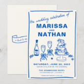 Blau Gezeichnet zusammen Hochzeitseinladung Einladung (Vorne/Hinten)