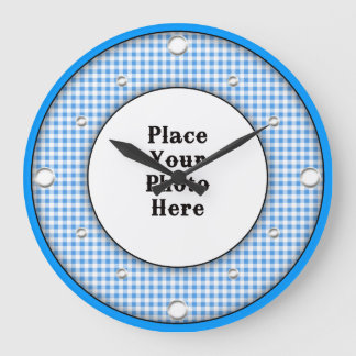 Blau Gingham rahmen Ihr Foto Wall Clock Große Wanduhr
