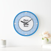 Blau Gingham rahmen Ihr Foto Wall Clock Große Wanduhr (Zuhause)