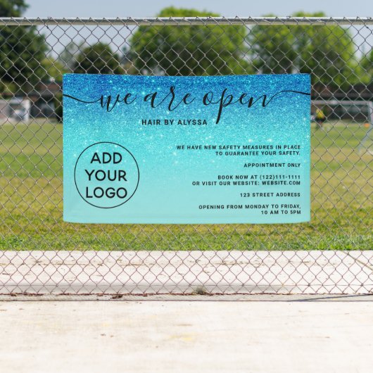 Blau Glitzer Ober Logo rot Rosa Wir sind offen Banner (Insitu)