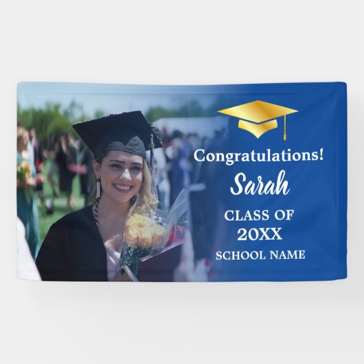 Blau | Gold Abschluss Custom Foto Class of 2025 Banner (Horizontal)
