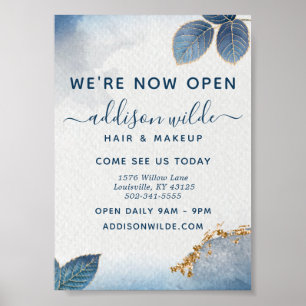 Blau Gold Aquarell Botanische Blätter Geschäft Poster