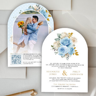 Blau Gold Elfenbein Floral Rosen QR Code Foto Hoch Einladung