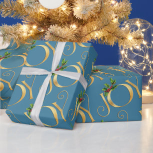 Blau Gold Freude Typografie Einfach Elegant Weihna Geschenkpapier
