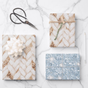 Blau Gold Glitter Weiß Gewebter Falscher Stoff Geb Geschenkpapier Set