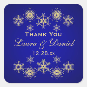 Blau, Gold Glitzer schauen Snowflake Hochzeitstick Quadratischer Aufkleber