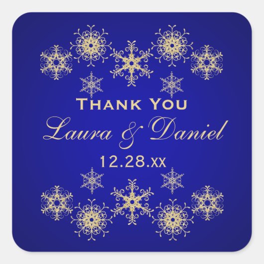 Blau, Gold Glitzer schauen Snowflake Hochzeitstick Quadratischer Aufkleber (Vorderseite)