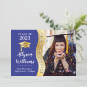 Blau | Gold Graduate Wave Grad Cap Foto Ankündigung (Stehend Vorderseite)