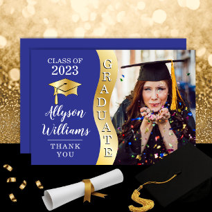 Blau Gold Graduate Wave Grad Cap Foto Dankeskarte