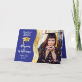 Blau | Gold Graduate Wave Grad Cap Foto Dankeskarte (Vorderseite)