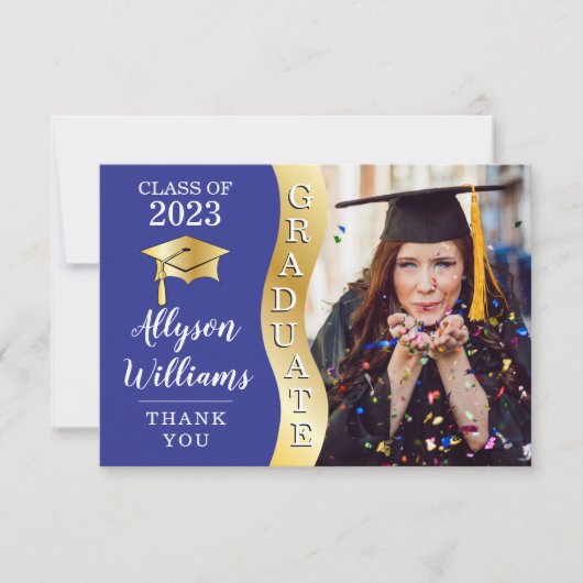 Blau | Gold Graduate Wave Grad Cap Foto Dankeskarte (Vorderseite)