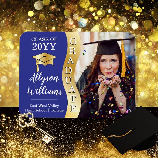 Blau | Gold Graduate Wave Grad Cap Foto Magnet
