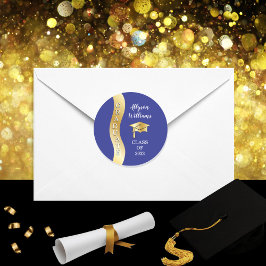 Blau | Gold Graduate Wave Grad Cap Runder Aufkleber