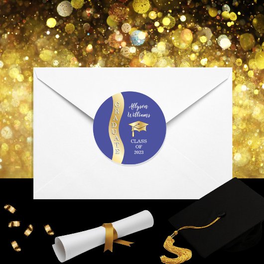 Blau | Gold Graduate Wave Grad Cap Runder Aufkleber