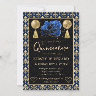 Blau & Gold Herz Damast & Rose Quinceanera Einladung