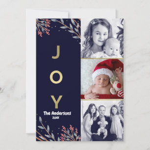 Blau & Gold JOY 3 Drei-Foto-Feiertags-Weihnachten Feiertagskarte