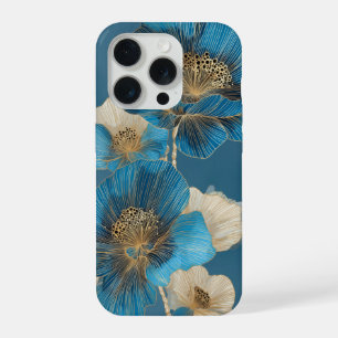 Blau Gold Linie Art Mohn Botanisch Blumig iPhone 15 Pro Hülle