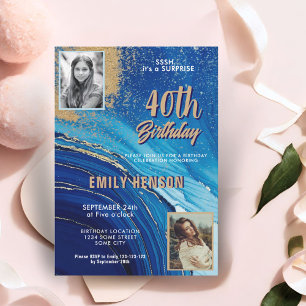 Blau Gold Marmor Glitter 2 Foto 40. Geburtstag Einladung