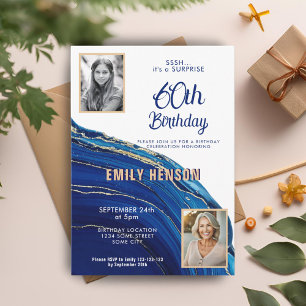 Blau Gold Marmor Glitter 2 Foto 60. Geburtstag Einladung