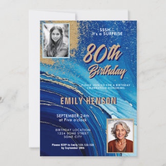 Blau Gold Marmor Glitter 2 Foto 80. Geburtstag Einladung