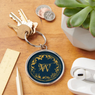 Blau & Gold Rustikal Vintage Abgenutzt Monogramm Schlüsselanhänger