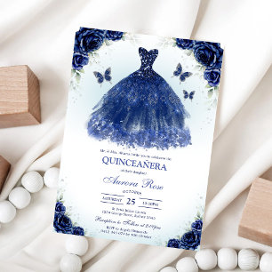 Blau Gold Silber Mis Quince Quinceañera Geburtstag Einladung