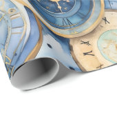 Blau-Gold-Uhr-Muster Geschenkpapier (Rolleneckpunkt)