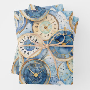 Blau-Gold-Uhr-Muster Geschenkpapier Set