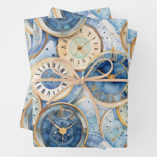 Blau-Gold-Uhr-Muster Geschenkpapier Set (Beispiel)
