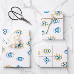Blau-, Gold- und Weißgriechisch-Auge-Mati-Muster Geschenkpapier Set
