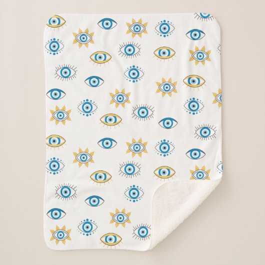 Blau-, Gold- und Weißgriechisch-Auge-Mati-Muster Sherpadecke (Vorderseite)