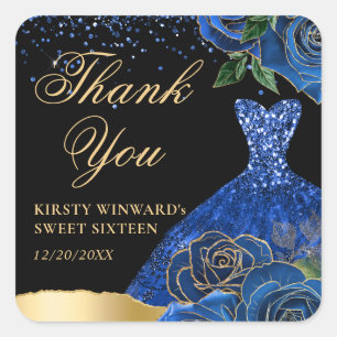 Blau-goldener Glitterkleid Glam Roses Sweet 16 Quadratischer Aufkleber