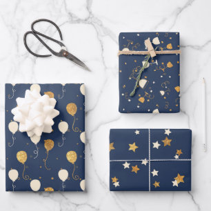 Blau-goldenes Feiermuster Geschenkpapier Set