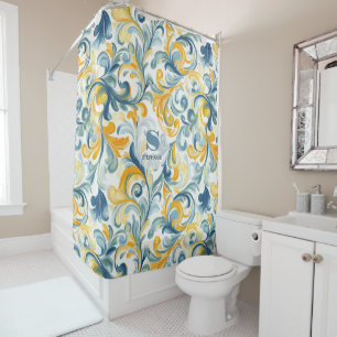 Blau-goldenes Paisley-Blattmuster Duschvorhang