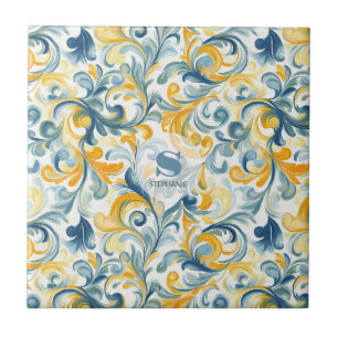 Blau-goldenes Paisley-Blattmuster Fliese