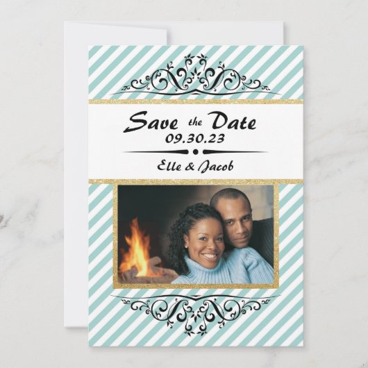 Blau/goldgestreift Save the Date flache Fotokarte (Vorderseite)