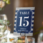Blau, grau gestreifte Bar Mitzvah Tischnummer<br><div class="desc">Die blau-graue Bar Mitzvah Tischnummer-Karte hat einen ticketförmigen Textbereich, der in Weiß geschnitten ist, sowie eine weiße Schrift mit dem Namen der Bar Mitzvah unten unterhalb der Tischnummer. Diese Tischnummer ist umkehrbar, sodass Sie sie in Ihren Mittelstücken von zwei Seiten aus sehen können. SIE MÜSSEN DIE NUMMER 15 AUF JEDE...</div>