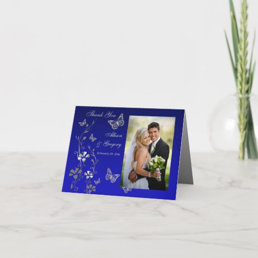 Blau, Grau Schmetterling Foto Danke Karte (Vorderseite)