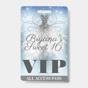 Blau Grau Silber Glitzer Kleid Sweet 16 VIP Pass Ausweis