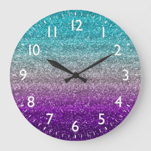 Blau, Grau und Lila strahlender Glitzer Große Wanduhr