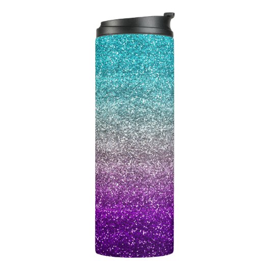 Blau, Grau und Lila strahlender Glitzer Thermosbecher (Nach links gedreht)