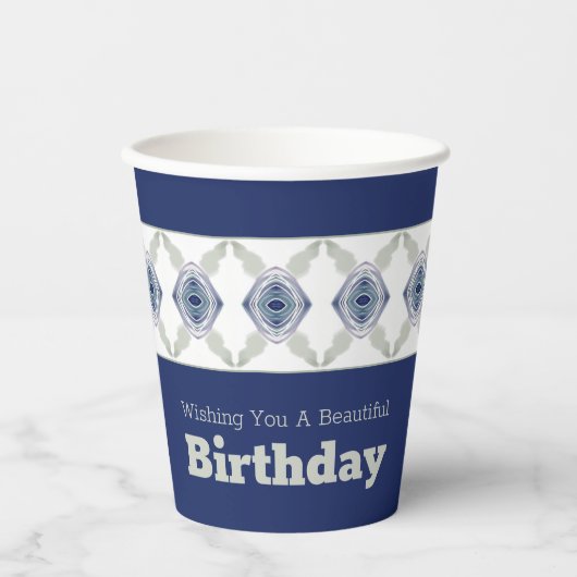 Blau, grau und weiß pappbecher (Vorderseite)