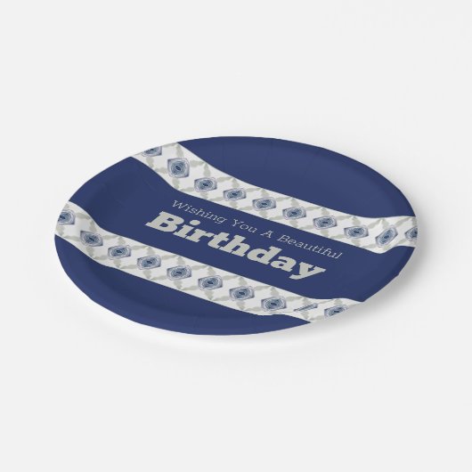 Blau, grau und weiß pappteller (Schrägansicht)