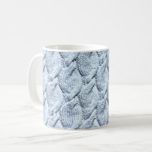 Blau-graue große gestrickte Kabel Kaffeetasse (Vorderseite Links)